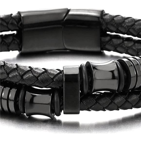 Mens Double-Row Braided Leather Bracelet Bangle Wristband Stainless Steel Gift - Picture 2 of 6